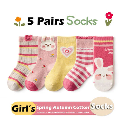 Autumn Socks Baby 5 Pairs Cartoon Bunny Pattern Socks Girls Calf Length Children Socks Solid Cotton Socks