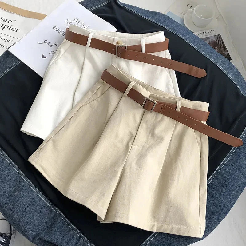 Elegant Belt Shorts Women Fashion White Wide Leg Suit Shorts Summer Ladies Korean High Waist Baggy All Match A Line Short Pants