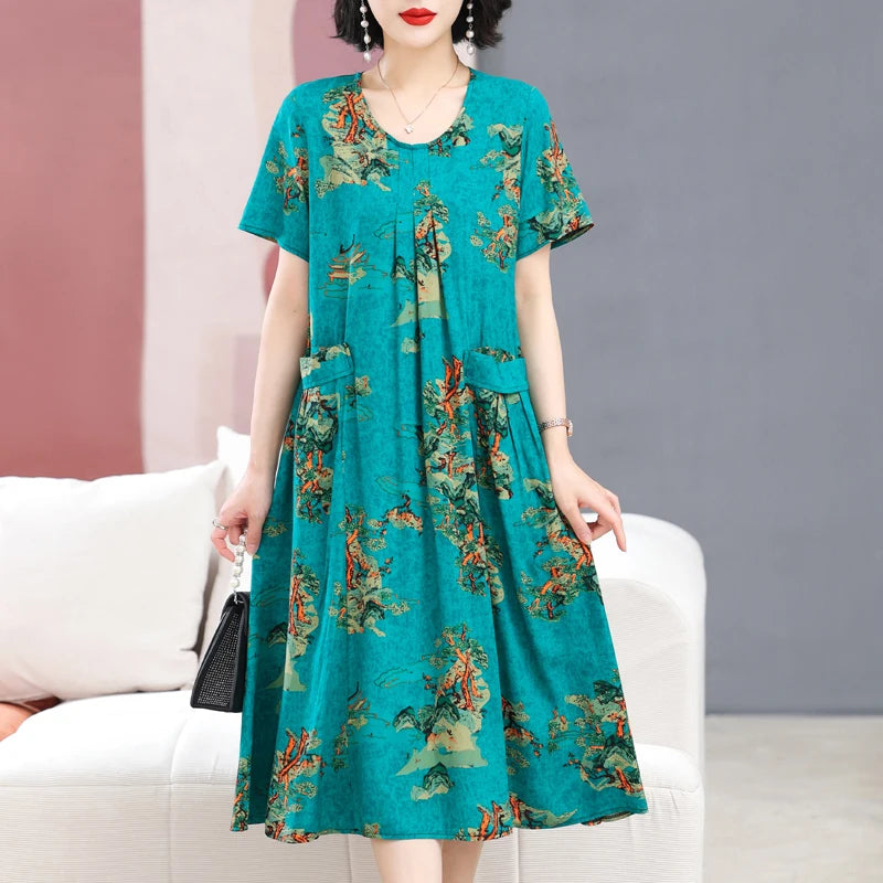 Summer Dresses O-neck Print Long Dress Short Sleeve Women Long Dresses Bohemian cotton style Loose Dresses Women Clothing