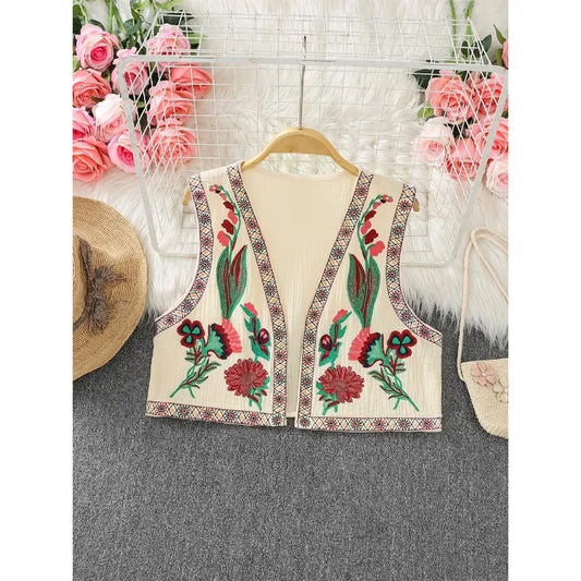 Vintage Vests Women Temperament V-neck Embroidered Vest Waistcoat Chinese Style Jacket Casual Seaside Vacation Tops Dropshipping