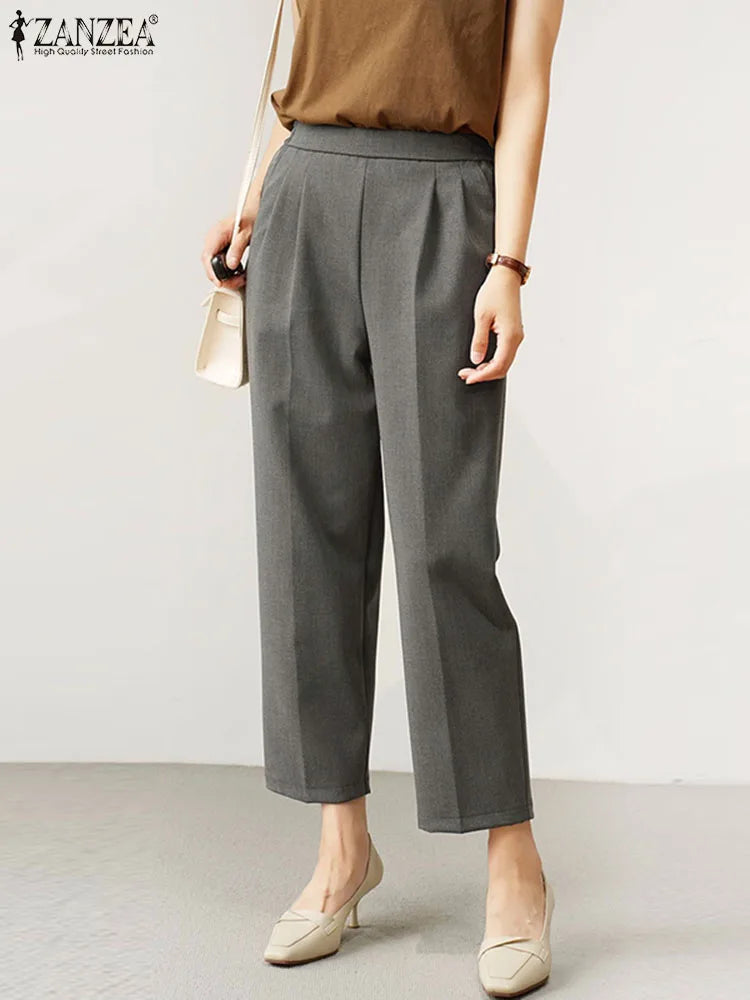 ZANZEA 2024 Summer Formal Cropped Pants Holiday Elastic Waist Trouser Office Lady Capris Women Korean Fashion Pleated Solid Pant