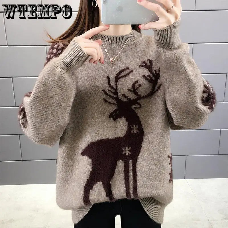 WTEMPO Christmas Loose Knitted Sweaters For Women Pullover Autumn Winter Warm Casual Knitwear All Match Soft T-shirts Female