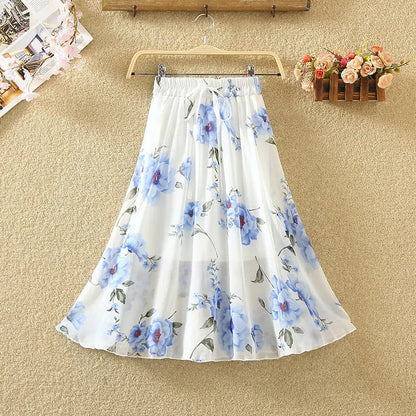 Spring Summer Floral Girl Skirt Chiffon Long Length Fashion Teenager Girl Clothes Elegant Princess Plus Size Tutu Tulle Big