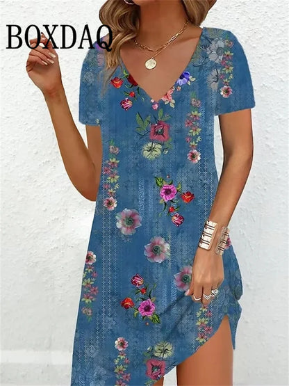 2023 Fashion Plus-Size Dress Casual Loose V-Neck Ladies Summer Print Party Women's New Summer Pullover Short Sleeve Dress