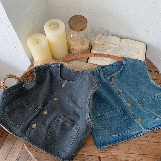 2024 Spring New Kids solid color denim waistcoats Boys and girls vintage all-match outerwear Tops Vest