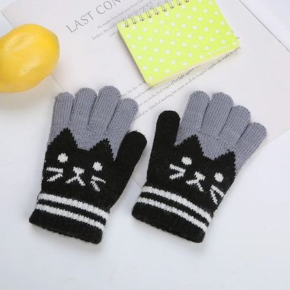 Winter Knitted Children's Gloves 4-10 Years Warm Soft Wool Cartoon Cat Kids Gloves Unisex Boys Girls Full Finger Mittens