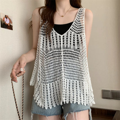 Hooked flower hollowed out knitted vest for women's top, retro loose fitting, sleeveless suspender top, summer cool style