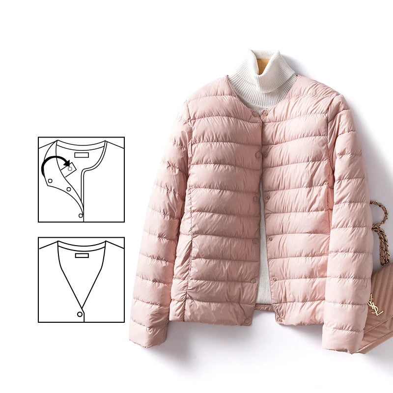 Women Liner Duck Down Jacket O-neck Variable V-neck 2022 New Female Winter Keep Warm Collarless Ultralight Quilted Puffer Coat