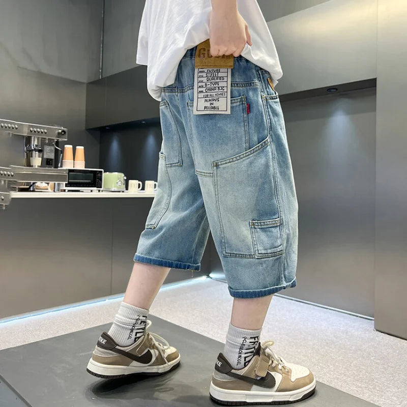 Summer Denim Shorts Big Kids Boys Loose Elastic Waist Children Casual Letter Patchwork Jean Short Children Cotton Jeans 4-14Y