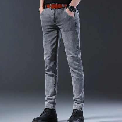 Grey Denim Jeans Male Elastic Pants Fashion Men's Long Thin High Street Small Feet Trousers