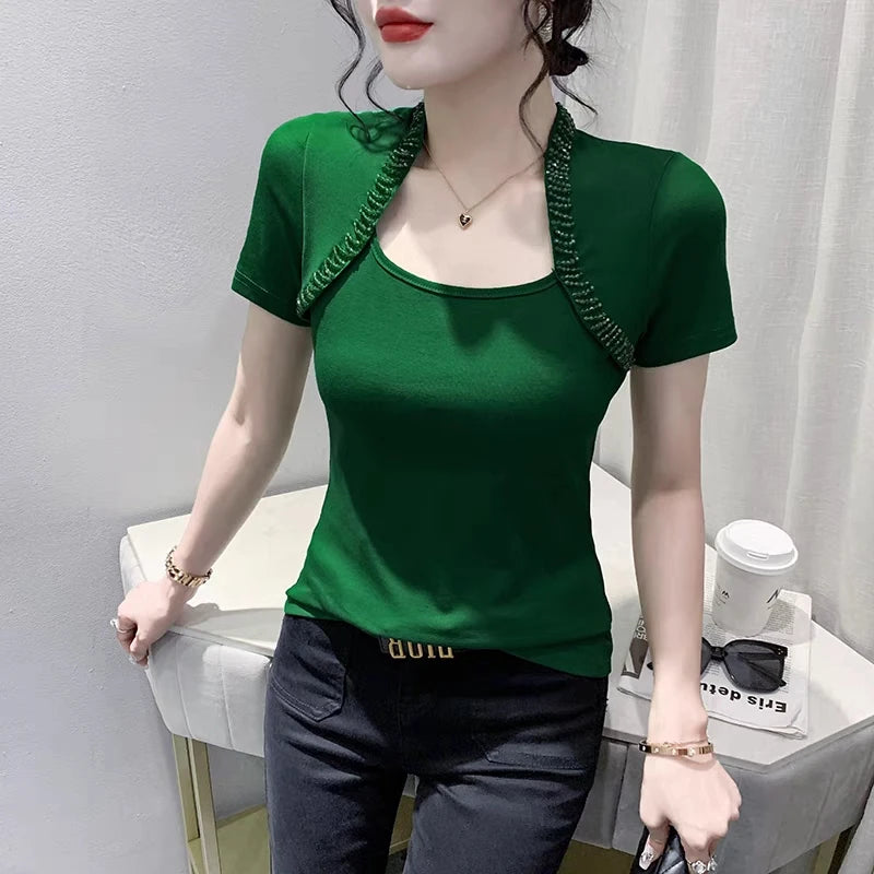 New Summer Korean Chic Women T-Shirt Fashion Sexy Square Neck Beading Tees Brand Girl Short Sleeved Slim Cotton Tops Blusas