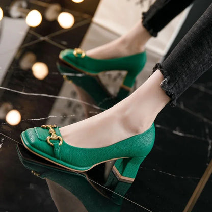 Women's Mid-heel 5.5CM 2022 Summer French Style Back Empty Female Thick Heel Square Toe Mary Jane Shoes Black Green Talon Femme