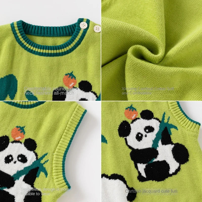 Autumn Winter Baby Boys Vest Cotton Knitted Panda Embroidery Stretch Soft Exterior Toddler Boys Vest Children Boys Tops