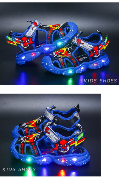 Disney LED Sport Sandals Summer Cartoon Spiderman Sandals for Boys Casual Beach Shoe Soft Sole Kids Shoes