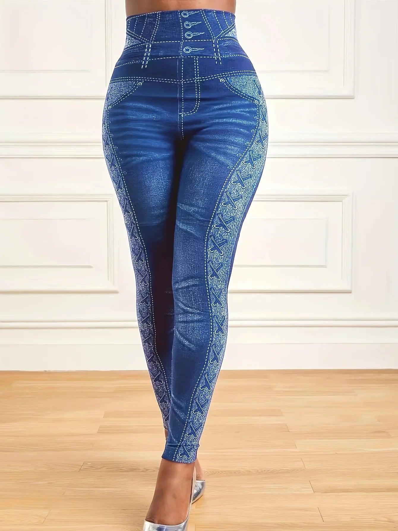 Plus Size High Waist Faux Denim Jean Leggings Slim Elastic Seamless Skinny Pencil Pant Female Workout Running Leggings