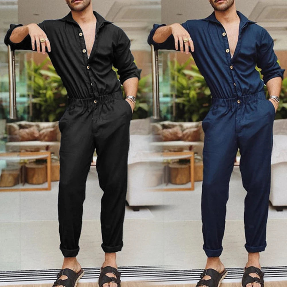 Summer Thin Men\'s Cargo Jumpsuit Pants Overalls Fashion Long Sleeve Lapel Button-Down Rompers Solid Color Workwear Pants