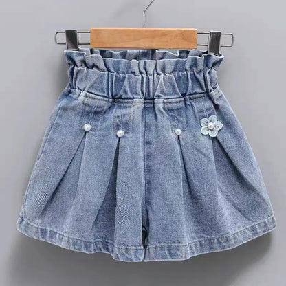 Kids Fashionable Patchwork Rainbow Flowers Jeans Back Dual Pockets Design Summer Thin Girls' Beaded Wide Leg Loose Short Pants