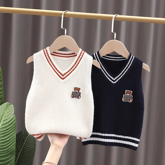 Spring Autumn Baby Boys Waistcoat Cartoon Bear V-collar Knitted Infant Boy Vest Kid Boy Ribbed Preppy Style Sleeveless Pullovers