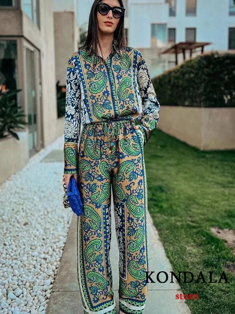 KONDALA Vintage Green Floral Women Suits Long Sleeve Single Button Loose Shirts Women and High Wasit Wide Leg Pants Boho Sets