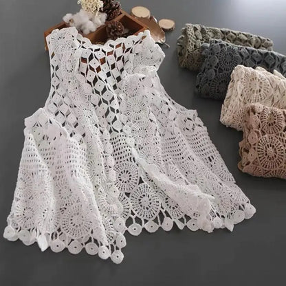 Women Summer Crochet Sleeveless Vest Waistcoat Ethnic Hollow Out Knit Diamond Circle Pattern Solid Color Cardigan Beach Cover Up