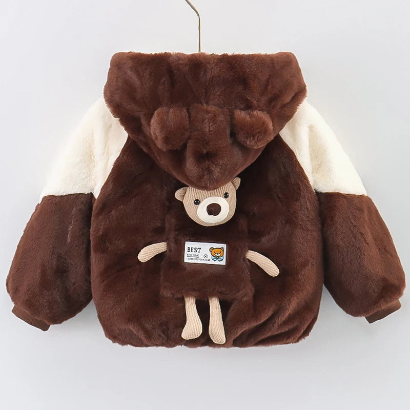 Baby Boys Fake Fur Jacket Patchwork Double-Sided Velvet Thick Hooded Coats Winter Autumn Keep Warm Outwear For 1-5 Years Kids