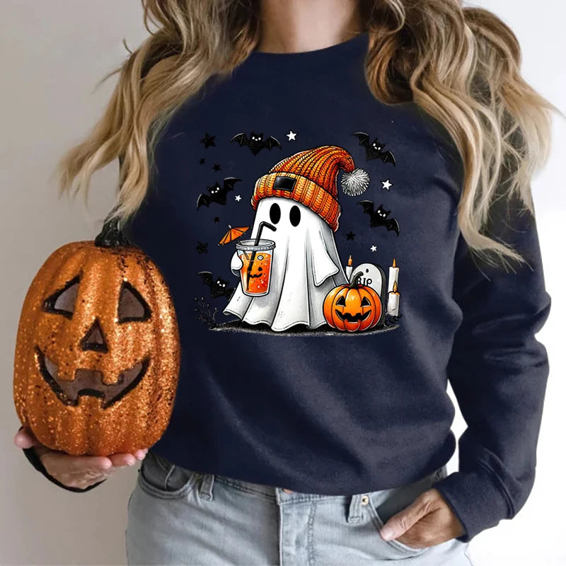 New Women's Sweatshirt Halloween Ghost Pumpkin Bat Print Round Neck Pullovers Ladies Autumn Winter Casual Halloween Sweatshirt