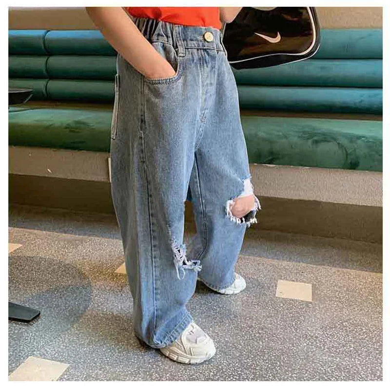 MILANCEL New Autumn Kids Jeans Girls High Waisted Wide Leg Pants Children Ripped Trousers