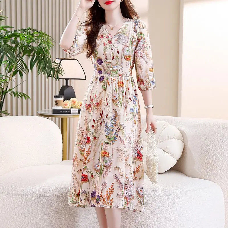 Summer New V-neck Half Sleeve Fashion Midi Dress Women High Street Floral Printing Dresses Elegant Button Lacing Y2K Vestidos