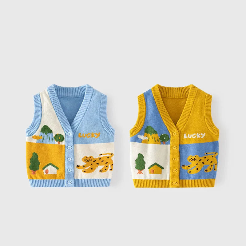 New Ins Spring Autumn Little Boy Cardigan Jacquard Cartoon Patchwork Baby Boys Waistwear Knitted Woven Cotton Toddler Boy Vest