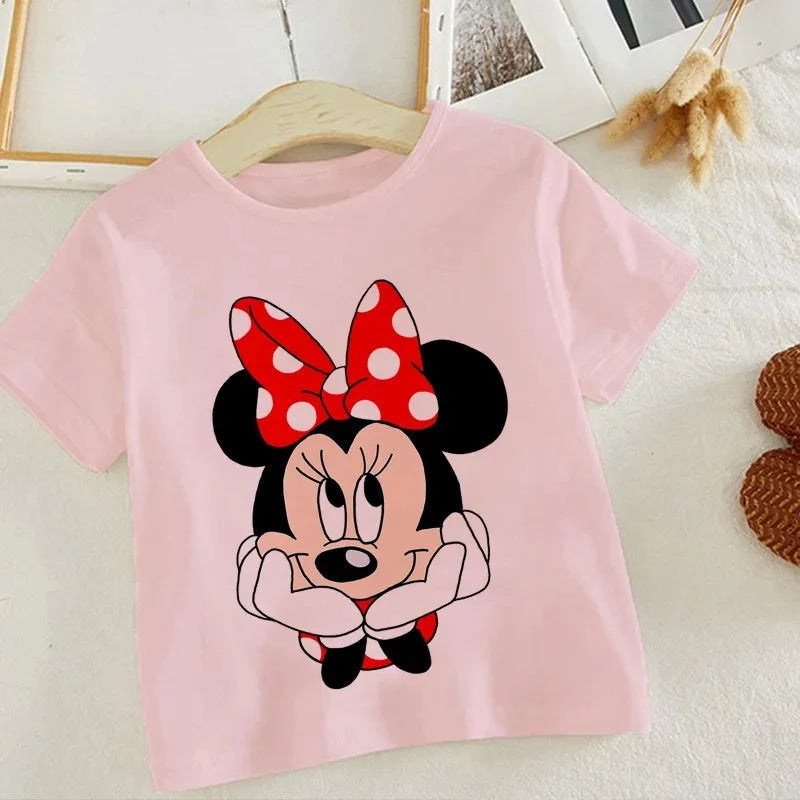 Disney Series Mickey Minnie Anime Clothes T-shirt Boy Girl Casual Summer White Pink Cotton Children's Clothing Baby Kawaii Tees