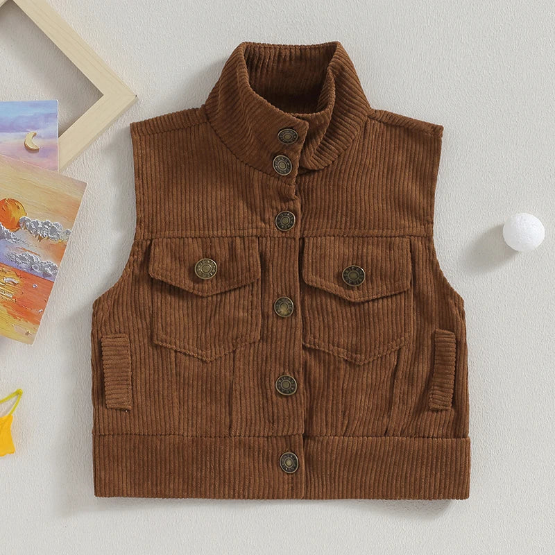 Infant Boys Corduroy Vest with Lapel Collar and Button Down Front Sleeveless Winter Outwear Waistcoat for Newborns