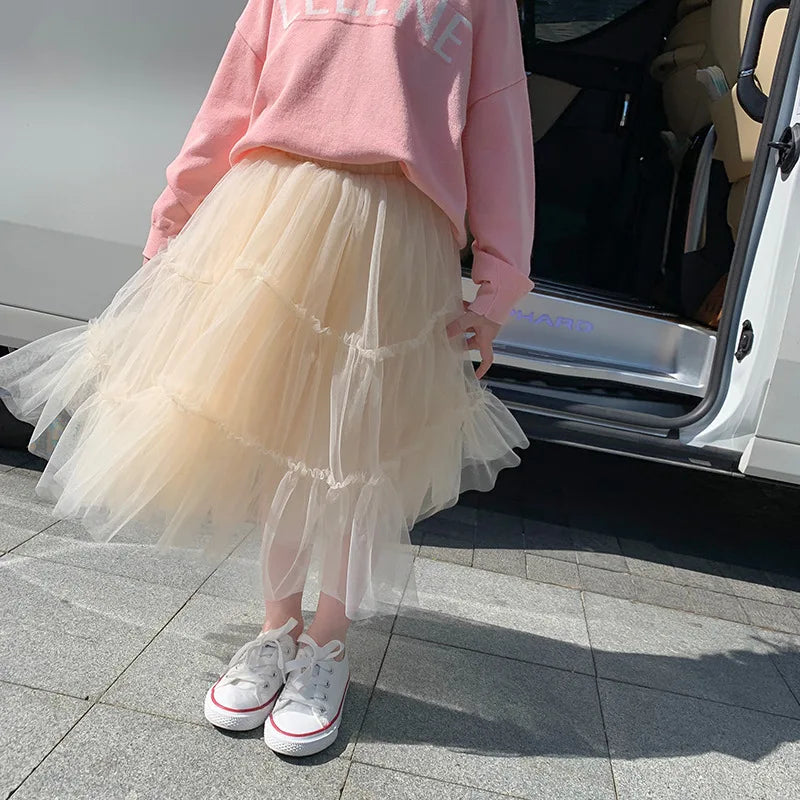 Baby Girls Tulle Mesh Long Skirt For Summer Toddler Princess Kids Cake Skirt Cute Girls Clothes Solid Elastic Waist Casual Dress