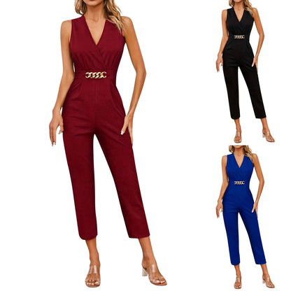 Women's Sleeveless Jumpsuit Solid Color Overall Bodysuit Clothing Office Style V-neck Lace-up Jumpsuits High Waist Belt Pants