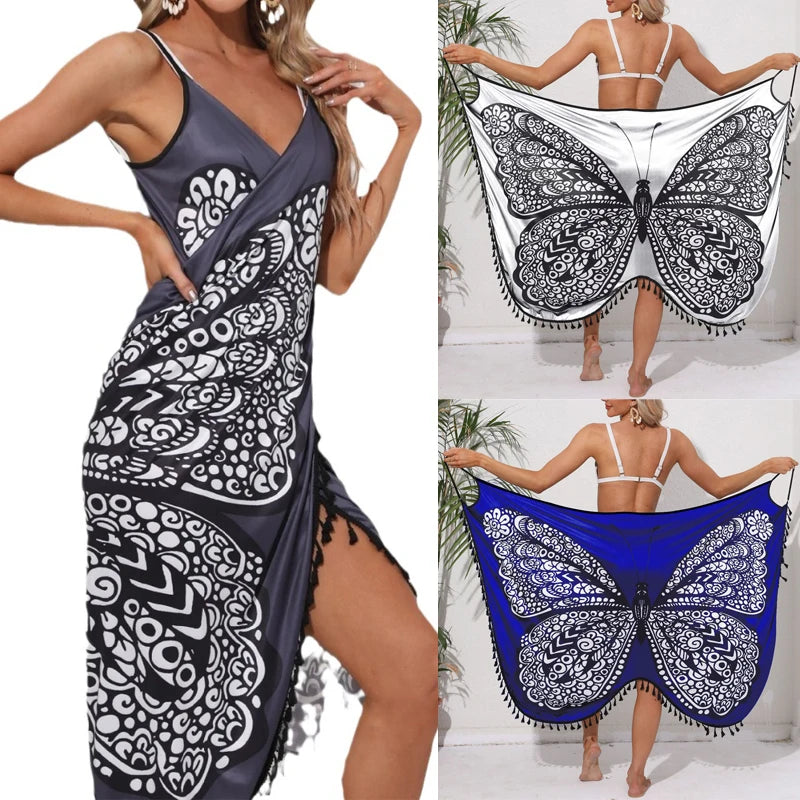 Women Bikini Sexy Butterfly Print Cover Up Swimwear Women Dress Summer Tunic Bath Sarong Wrap Skirt Swimsuit Elegant Beachwear