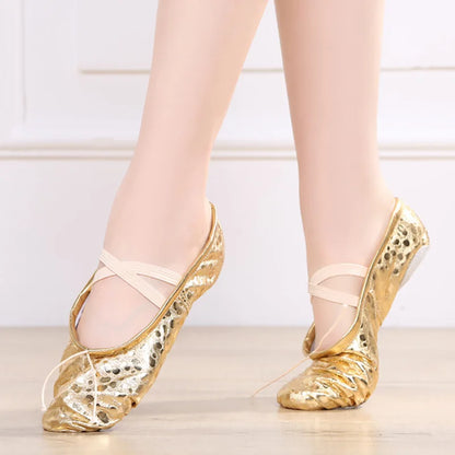 USHINE new style gold silver body-shaping training Yoga slippers shoes gym belly ballet dance shoes children girls woman