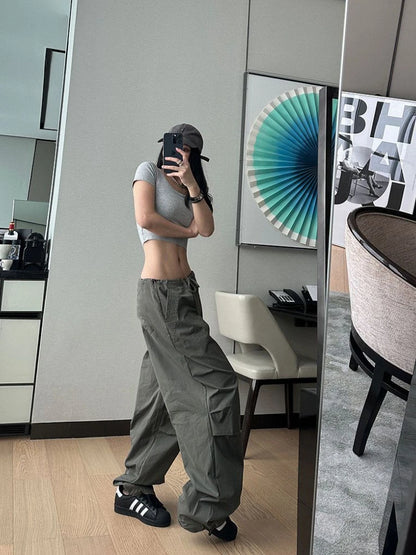 HOUZHOU Y2k Black Parachute Pants Women Wide Cargo Trousers Vintage Oversized Japanese Style Casual Pleated Joggers Streetwear