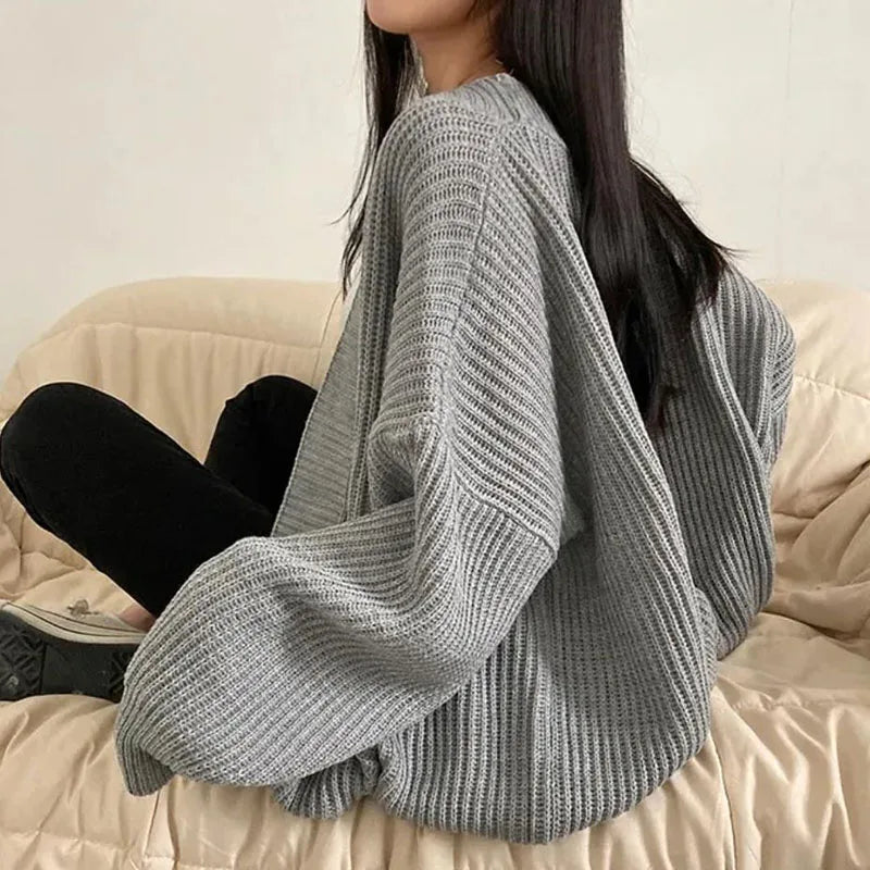 Zoki Harajuku Oversize Cardigan Sweater Women Casual Loose Lazy Wind Korean Tops Vintage Long Sleeve Lady Simple Design Cardigan