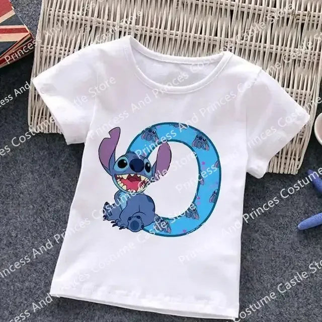 Stitch Letter A B C D Children  T-Shirt Name Combination Tee Shirts Cartoons Kid Casual Clothes Girl Boy Harajuku Tops