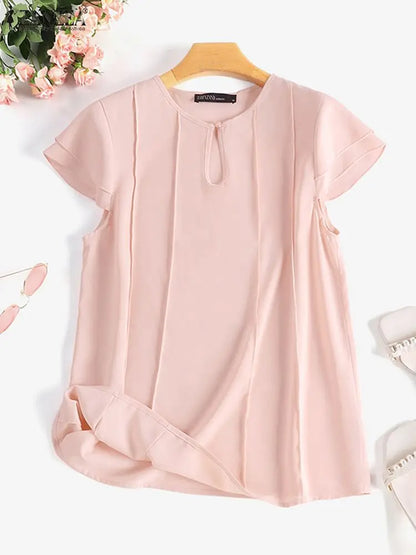 ZANZEA Summer Elegant Short Sleeve Blouse Women Fashion OL Work Shirt Casual Solid Holiday Tops Tunic Female Party Blusas Mujer