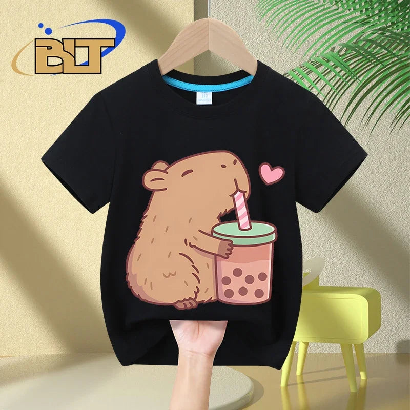 Cute Capybara Loves Bubble Tea print kids T-Shirt summer children's short-sleeved casual tops boys and girls gifts