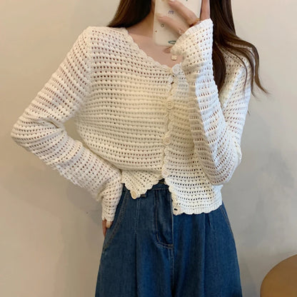 HELIAR Women Buttons Up Short Cardigan Coat Knitted Hollow Out Smock Top Long Sleeved Thin Summer T-shirt Ruffles Casual Shirt