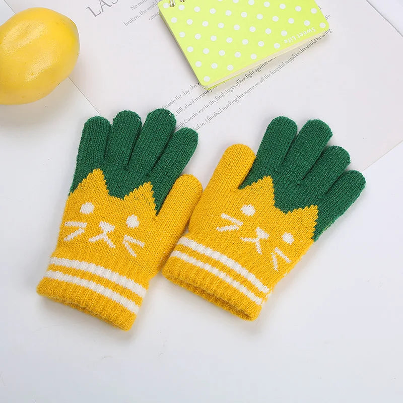 Winter Knitted Children's Gloves 4-10 Years Warm Soft Wool Cartoon Cat Kids Gloves Unisex Boys Girls Full Finger Mittens