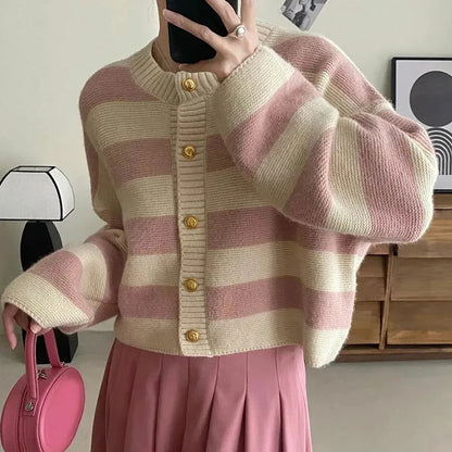 Striped Knitted Cardigans Women 2023 Autumn Winter Button Up Loose Cardigan Sweaters Woman Korean Style Long Sleeve Knitwear