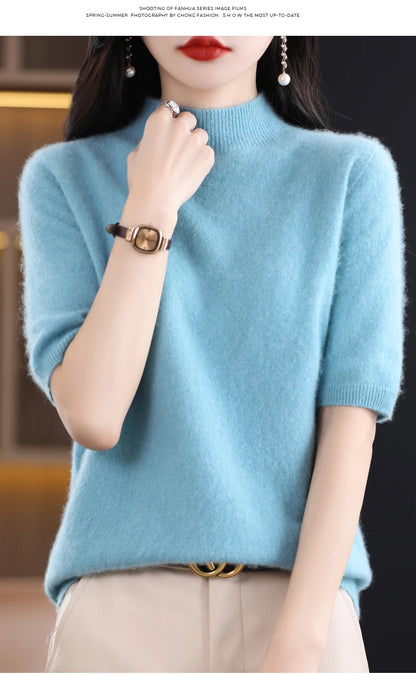 Fashion Half Short Sleeve 100% Merino Wool Sweater Basic Mock-Neck  Cashmere Women Knitted Top  Pullover Clothing Tops