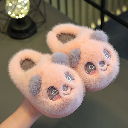 New Winter Warm Cute Cartoon Panda Indoor Mule Soft Non-slip Kids Fluffy Slippers For Boys And Girls Children Home Cotton Shoes