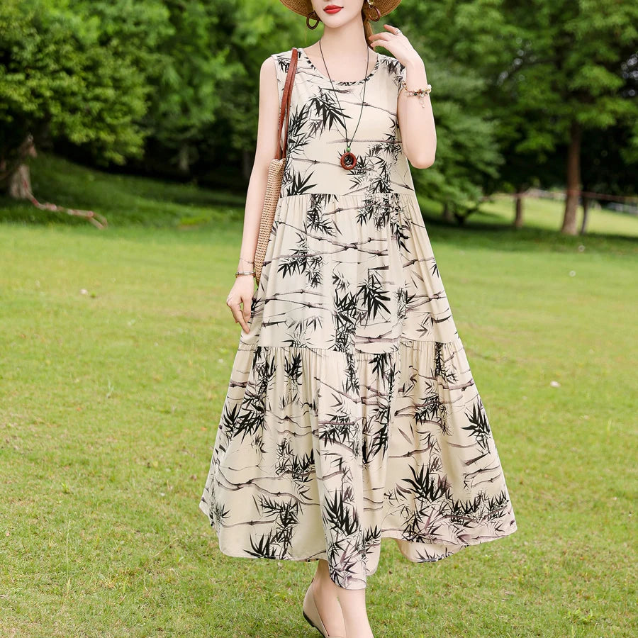 New Fashion Boho Long Dress for Women O-Neck Sleeveless Print Large Beach Long Dress Elegant Women's Dress 2024