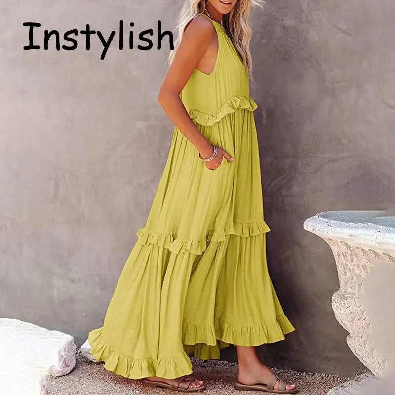 Women Casual Solid Ruffles Long Dress Summer Elegant Sleeveless Sundress Elegant Harajuku Maxi Dress Beach Party Evening Vestido