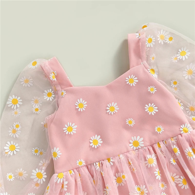 Fashion Spring Autumn Baby Girl Princess A-Line Dress Elegant Daisy Print Long Sleeves Mesh Tulle Party Dress for Toddler