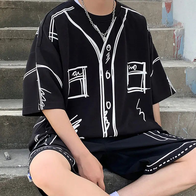 Summer Elegant Fashion Harajuku Slim Fit Ropa Hombre Loose Casual All Match Sports Suit Ice Shreds Short Sleeve Two Piece Set