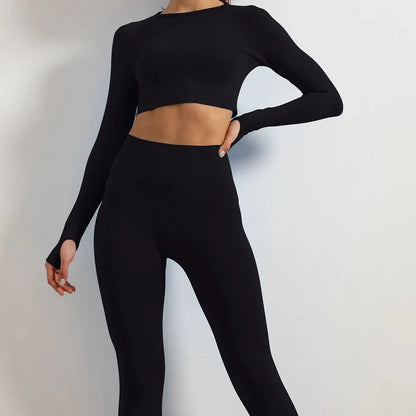 Set of 2 Women's Seamless Yoga Suit with Thumb Holes Long Sleeve Tops Gym Wear Fitness Workout Yoga Wear Leggings Long Pants